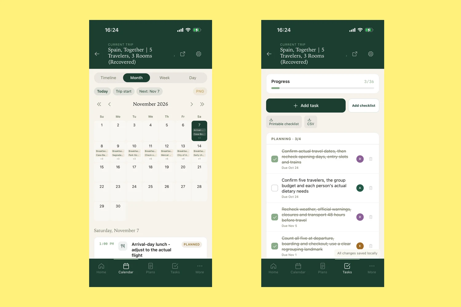Real GoRoamIt screens showing a November trip calendar and its travel preparation checklist