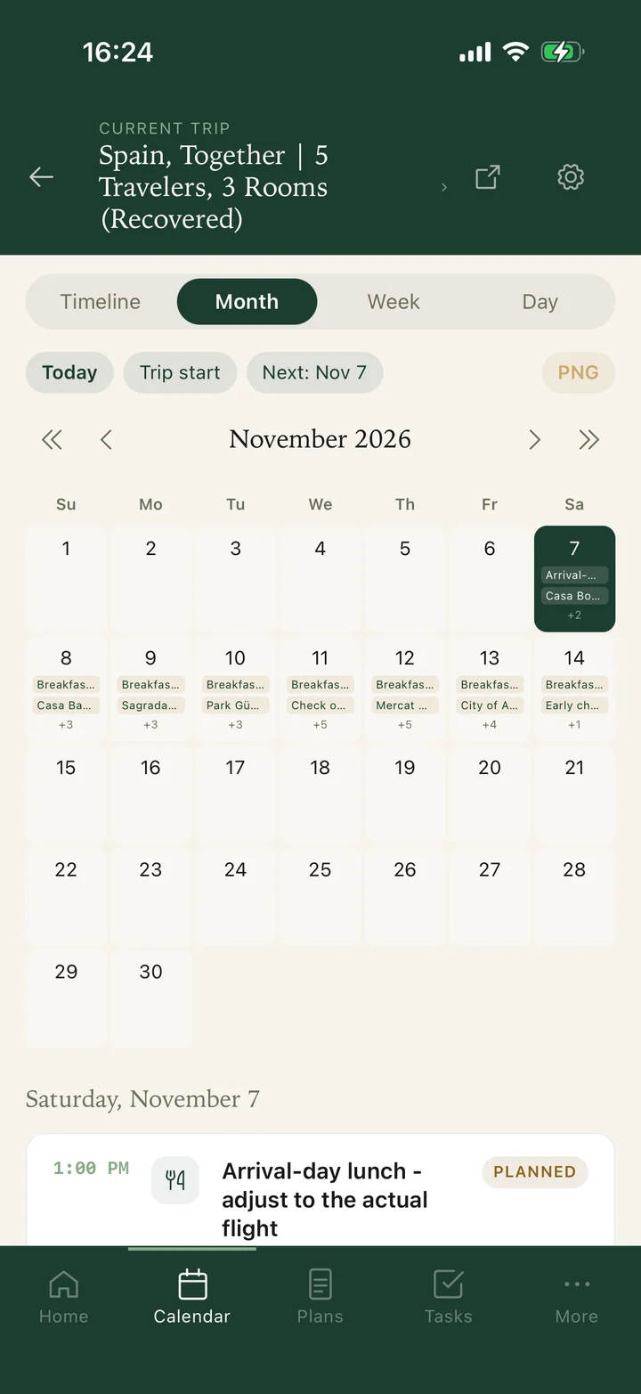 The itinerary screen in GoRoamIt, showing a sample Spain trip